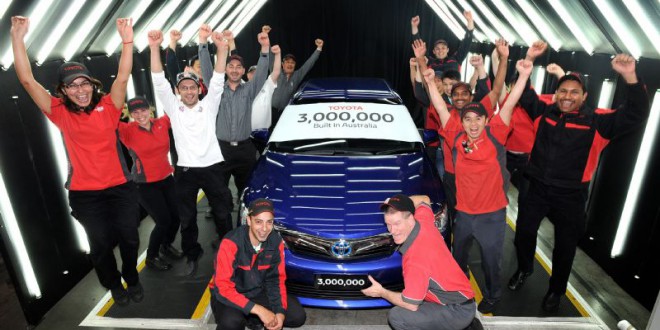 Toyota workers celebrate production of the three-millionth Toyota in Australia, a Camry Hybrid (Camry hL model shown)