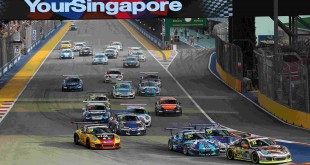 Craig Baird (NZL) Clearwater Racing and Rodolfo Avila (MAC) Team Jebsen battle for position at the start of the race at Porsche Carrera Cup Asia, Rds 11&12, Marina Bay Circuit, Singapore, 18-20 September 2015.