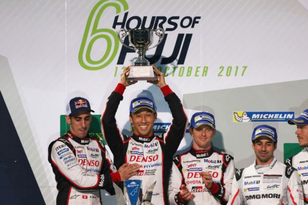 Toyota earns one-two finish in Japan. Kazuki Nakajima (trophy) flanked by Sébastien Buemi (L) and Anthony Davidson.